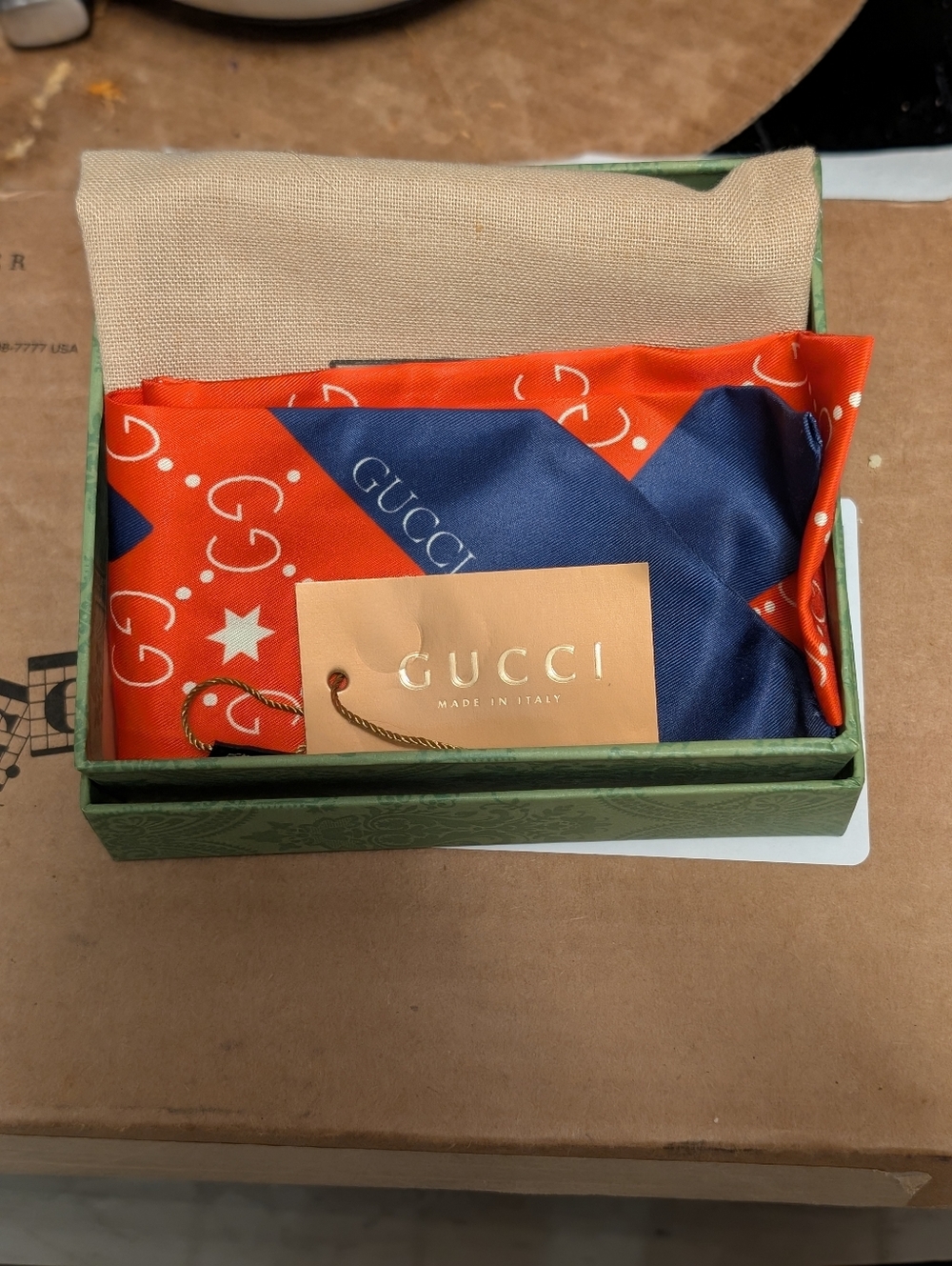 Gucci Silk Twilly Scarf Red Navy GG Print Made in Italy Iconic For 4th Of July